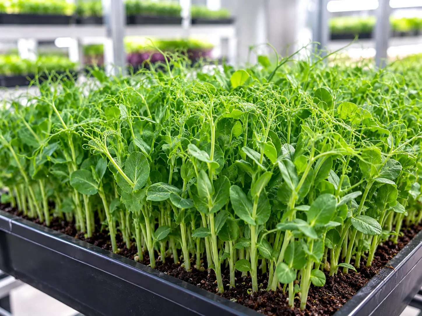 A dense 1020 tray of fresh pea microgreens and pea shoots with curly tendrils